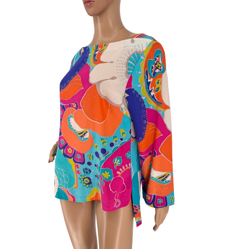 Trina Turk Silk Blouse Womens Medium Multicolored Floral Boat Neck Top - Picture 4 of 16